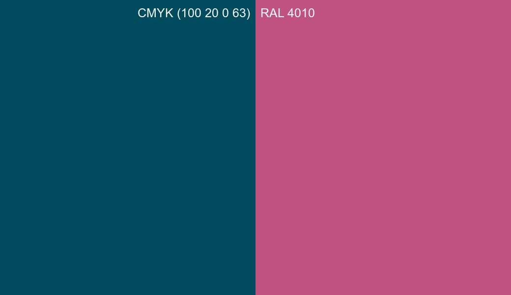CMYK Color CMYK (100 20 0 63) vs RAL 4010 side by side comparison CMYK Color CMYK (100 20 0 63) vs RAL 4010 side by side comparison