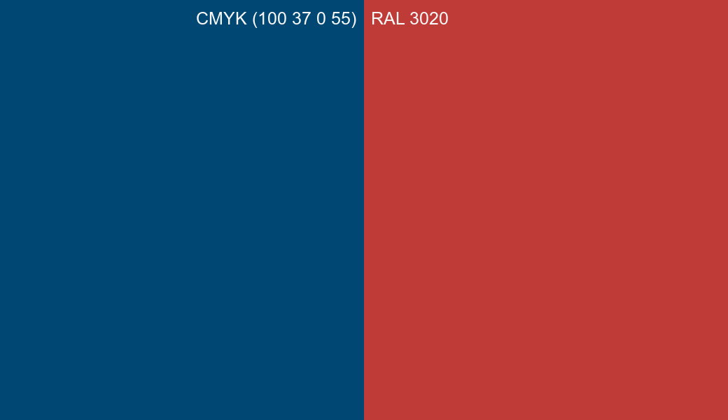 CMYK Color CMYK (100 37 0 55) vs RAL 3020 side by side comparison CMYK Color CMYK (100 37 0 55) vs RAL 3020 side by side comparison