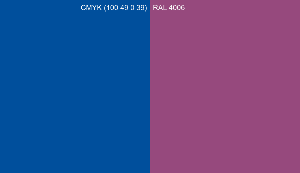 CMYK Color CMYK (100 49 0 39) vs RAL 4006 side by side comparison CMYK Color CMYK (100 49 0 39) vs RAL 4006 side by side comparison