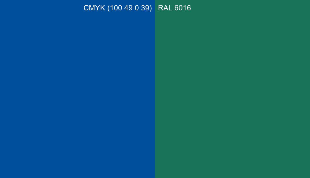 CMYK Color CMYK (100 49 0 39) vs RAL 6016 side by side comparison CMYK Color CMYK (100 49 0 39) vs RAL 6016 side by side comparison