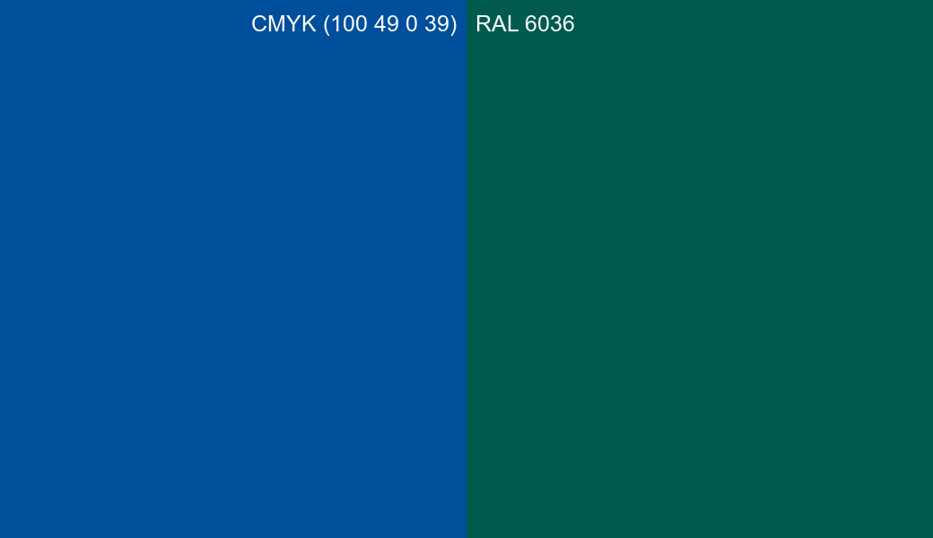 CMYK Color CMYK (100 49 0 39) vs RAL 6036 side by side comparison CMYK Color CMYK (100 49 0 39) vs RAL 6036 side by side comparison