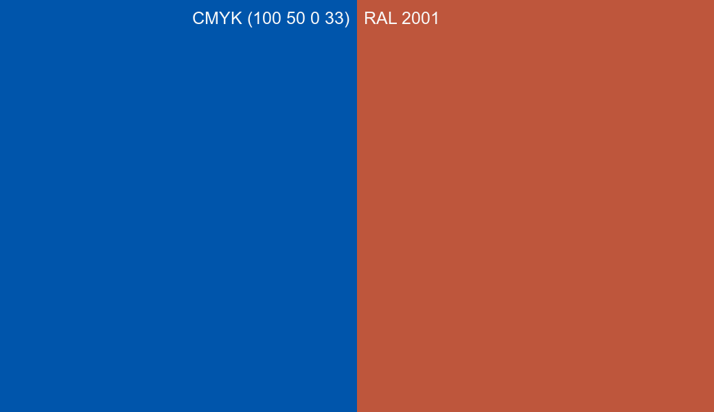CMYK Color CMYK (100 50 0 33) vs RAL 2001 side by side comparison CMYK Color CMYK (100 50 0 33) vs RAL 2001 side by side comparison