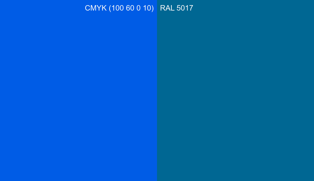 CMYK Color CMYK (100 60 0 10) vs RAL 5017 side by side comparison CMYK Color CMYK (100 60 0 10) vs RAL 5017 side by side comparison