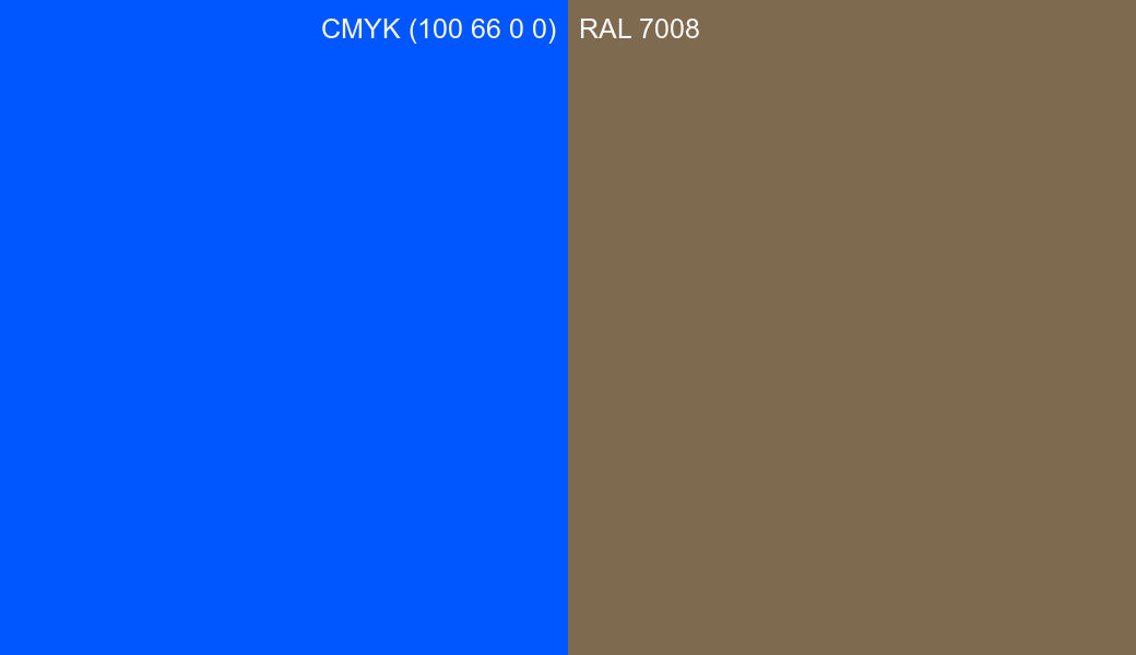 CMYK Color CMYK (100 66 0 0) vs RAL 7008 side by side comparison CMYK Color CMYK (100 66 0 0) vs RAL 7008 side by side comparison
