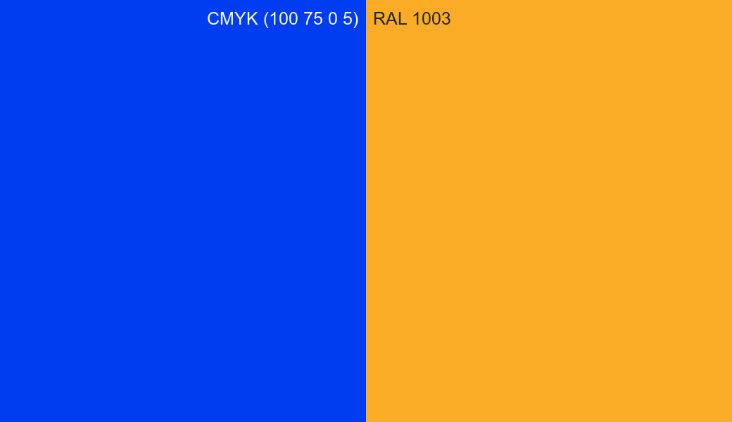 CMYK Color CMYK (100 75 0 5) vs RAL 1003 side by side comparison CMYK Color CMYK (100 75 0 5) vs RAL 1003 side by side comparison