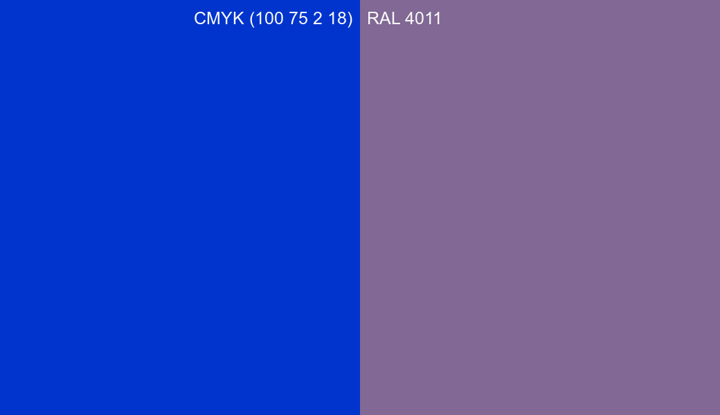 CMYK Color CMYK (100 75 2 18) vs RAL 4011 side by side comparison CMYK Color CMYK (100 75 2 18) vs RAL 4011 side by side comparison