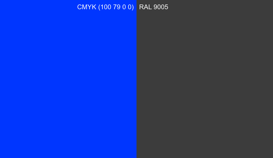 CMYK Color CMYK (100 79 0 0) vs RAL 9005 side by side comparison CMYK Color CMYK (100 79 0 0) vs RAL 9005 side by side comparison