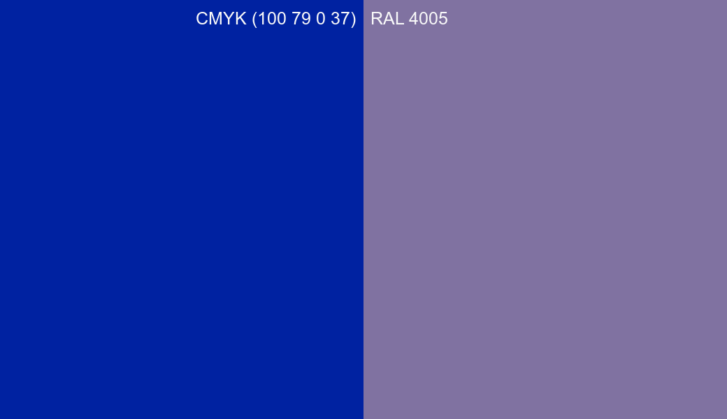 CMYK Color CMYK (100 79 0 37) vs RAL 4005 side by side comparison CMYK Color CMYK (100 79 0 37) vs RAL 4005 side by side comparison
