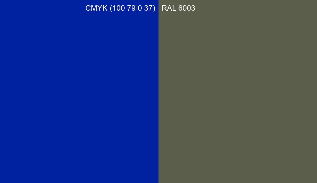CMYK Color CMYK (100 79 0 37) vs RAL 6003 side by side comparison CMYK Color CMYK (100 79 0 37) vs RAL 6003 side by side comparison