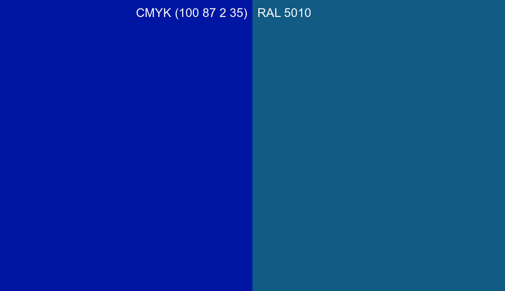 CMYK Color CMYK (100 87 2 35) vs RAL 5010 side by side comparison CMYK Color CMYK (100 87 2 35) vs RAL 5010 side by side comparison