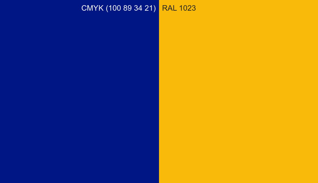 CMYK Color CMYK (100 89 34 21) vs RAL 1023 side by side comparison CMYK Color CMYK (100 89 34 21) vs RAL 1023 side by side comparison
