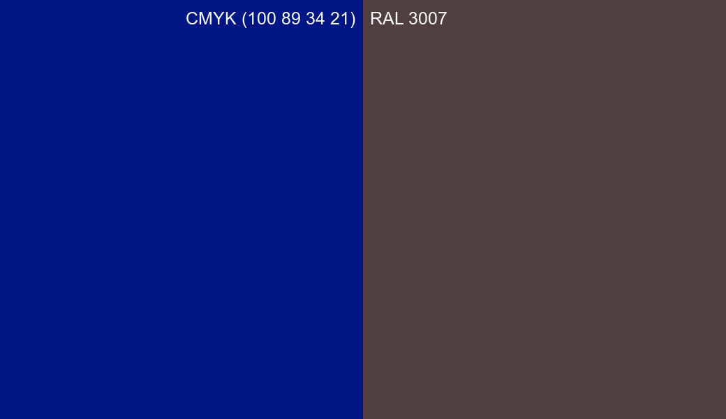 CMYK Color CMYK (100 89 34 21) vs RAL 3007 side by side comparison CMYK Color CMYK (100 89 34 21) vs RAL 3007 side by side comparison