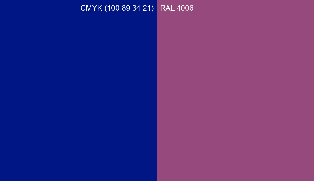CMYK Color CMYK (100 89 34 21) vs RAL 4006 side by side comparison CMYK Color CMYK (100 89 34 21) vs RAL 4006 side by side comparison