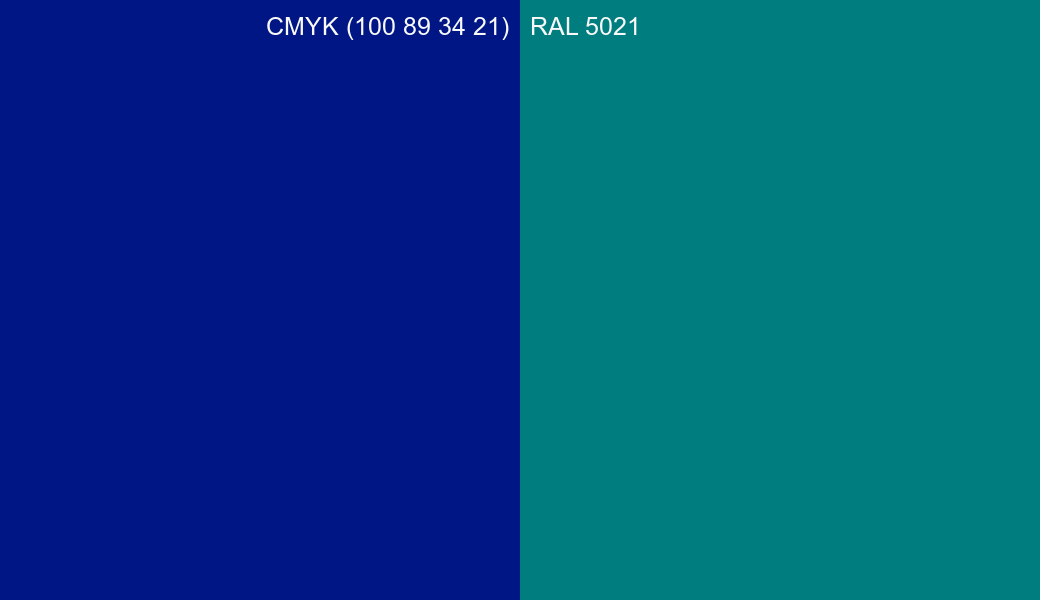 CMYK Color CMYK (100 89 34 21) vs RAL 5021 side by side comparison CMYK Color CMYK (100 89 34 21) vs RAL 5021 side by side comparison