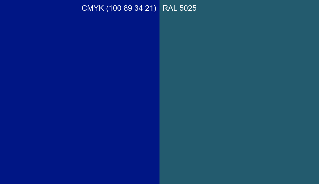 CMYK Color CMYK (100 89 34 21) vs RAL 5025 side by side comparison CMYK Color CMYK (100 89 34 21) vs RAL 5025 side by side comparison