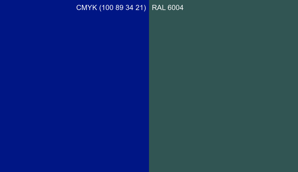 CMYK Color CMYK (100 89 34 21) vs RAL 6004 side by side comparison CMYK Color CMYK (100 89 34 21) vs RAL 6004 side by side comparison