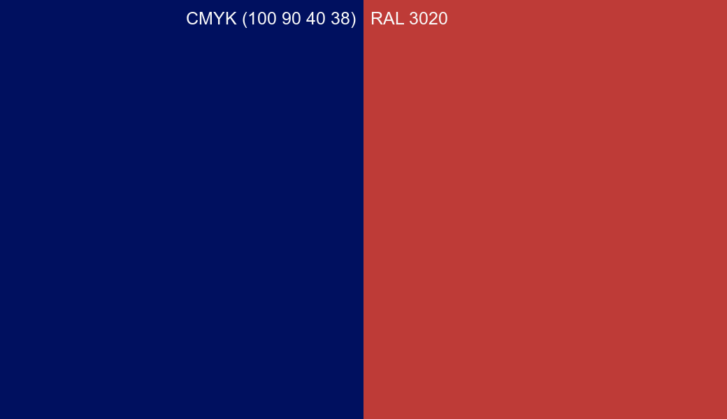 CMYK Color CMYK (100 90 40 38) vs RAL 3020 side by side comparison CMYK Color CMYK (100 90 40 38) vs RAL 3020 side by side comparison