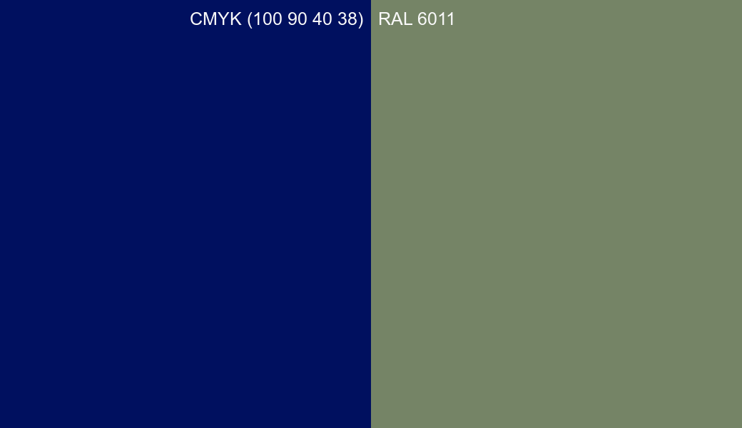 CMYK Color CMYK (100 90 40 38) vs RAL 6011 side by side comparison CMYK Color CMYK (100 90 40 38) vs RAL 6011 side by side comparison