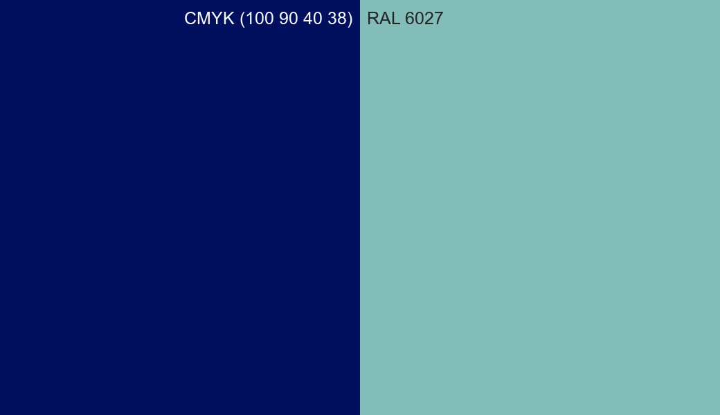 CMYK Color CMYK (100 90 40 38) vs RAL 6027 side by side comparison CMYK Color CMYK (100 90 40 38) vs RAL 6027 side by side comparison