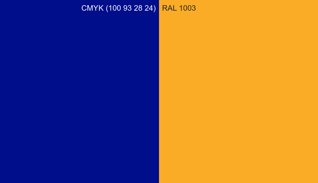 CMYK Color CMYK (100 93 28 24) vs RAL 1003 side by side comparison CMYK Color CMYK (100 93 28 24) vs RAL 1003 side by side comparison