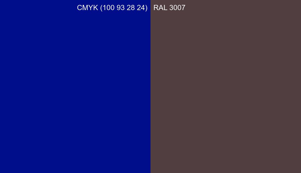 CMYK Color CMYK (100 93 28 24) vs RAL 3007 side by side comparison CMYK Color CMYK (100 93 28 24) vs RAL 3007 side by side comparison