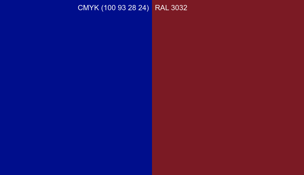 CMYK Color CMYK (100 93 28 24) vs RAL 3032 side by side comparison CMYK Color CMYK (100 93 28 24) vs RAL 3032 side by side comparison