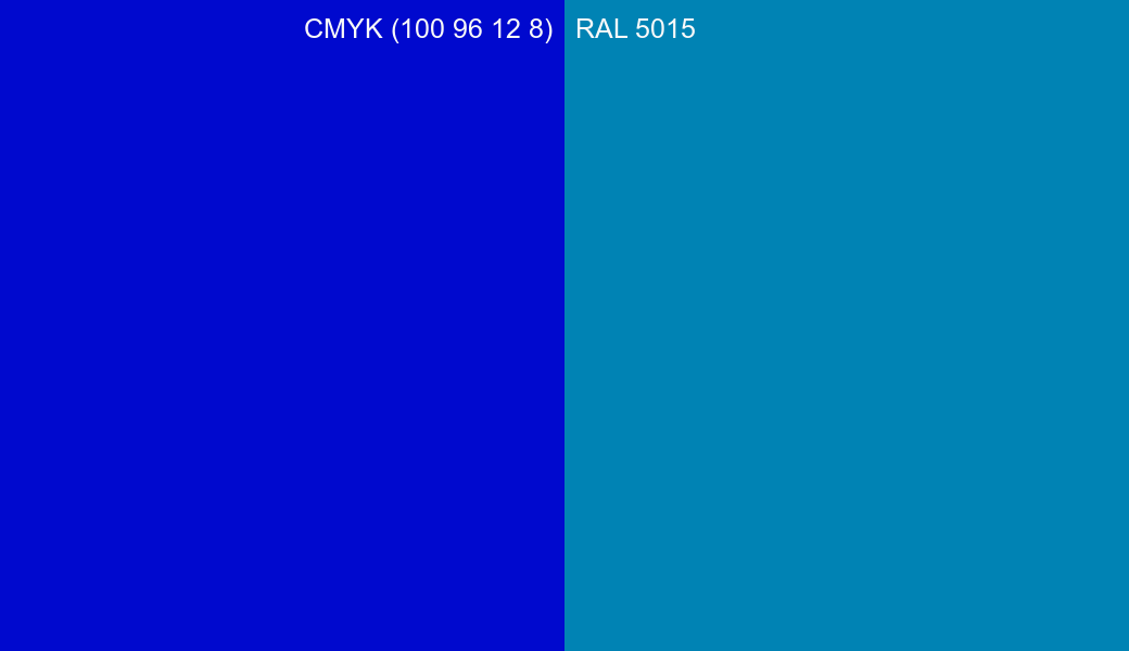 CMYK Color CMYK (100 96 12 8) vs RAL 5015 side by side comparison CMYK Color CMYK (100 96 12 8) vs RAL 5015 side by side comparison