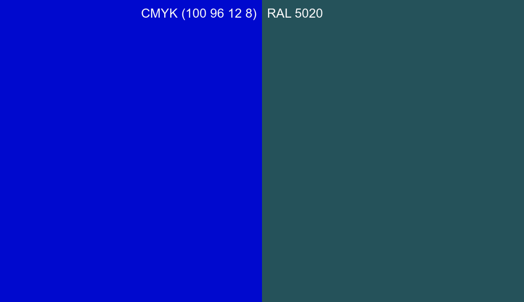 CMYK Color CMYK (100 96 12 8) vs RAL 5020 side by side comparison CMYK Color CMYK (100 96 12 8) vs RAL 5020 side by side comparison