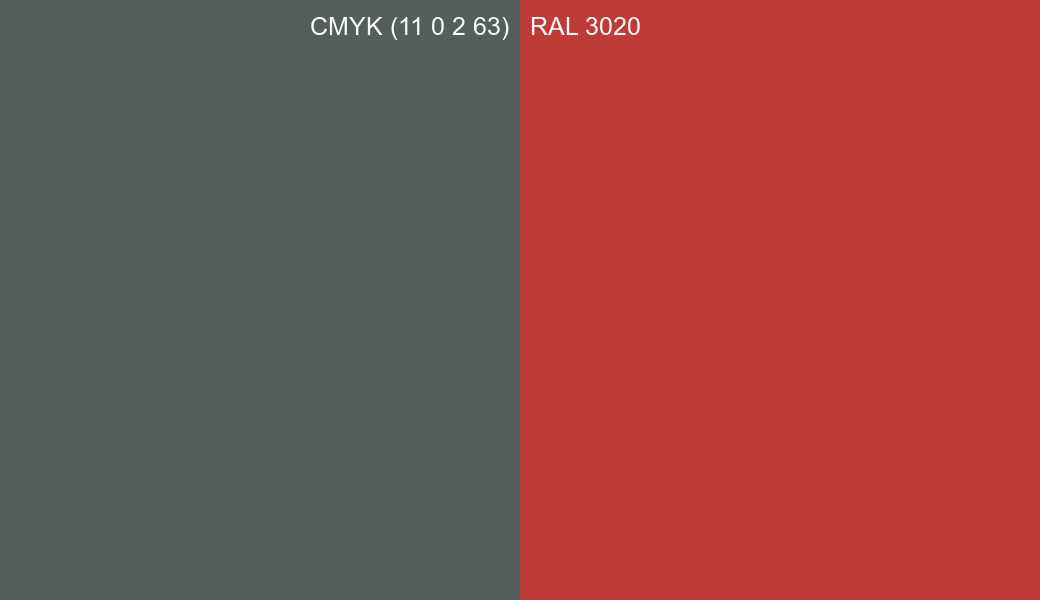 CMYK Color CMYK (11 0 2 63) vs RAL 3020 side by side comparison CMYK Color CMYK (11 0 2 63) vs RAL 3020 side by side comparison