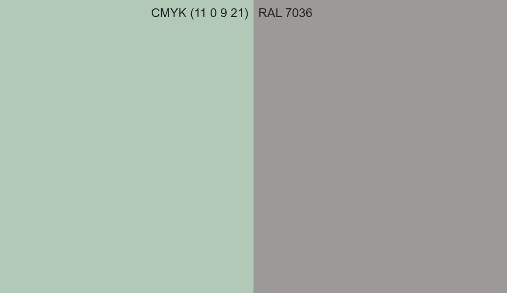 CMYK Color CMYK (11 0 9 21) vs RAL 7036 side by side comparison CMYK Color CMYK (11 0 9 21) vs RAL 7036 side by side comparison