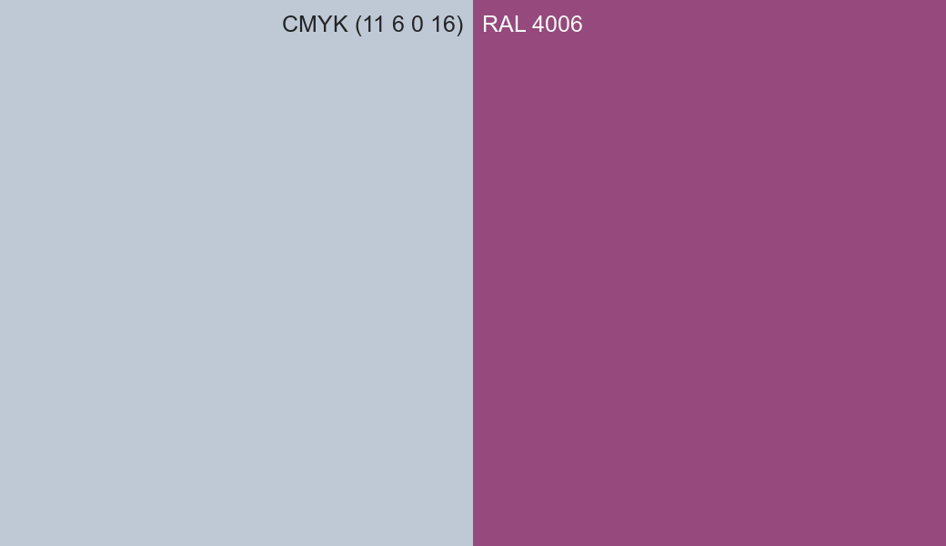 CMYK Color CMYK (11 6 0 16) vs RAL 4006 side by side comparison CMYK Color CMYK (11 6 0 16) vs RAL 4006 side by side comparison