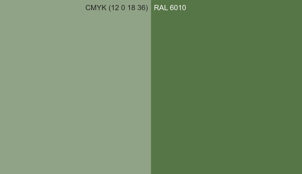 CMYK Color CMYK (12 0 18 36) vs RAL 6010 side by side comparison CMYK Color CMYK (12 0 18 36) vs RAL 6010 side by side comparison