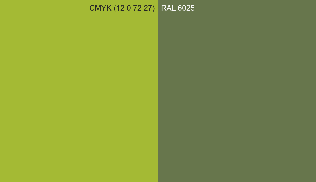 CMYK Color CMYK (12 0 72 27) vs RAL 6025 side by side comparison CMYK Color CMYK (12 0 72 27) vs RAL 6025 side by side comparison