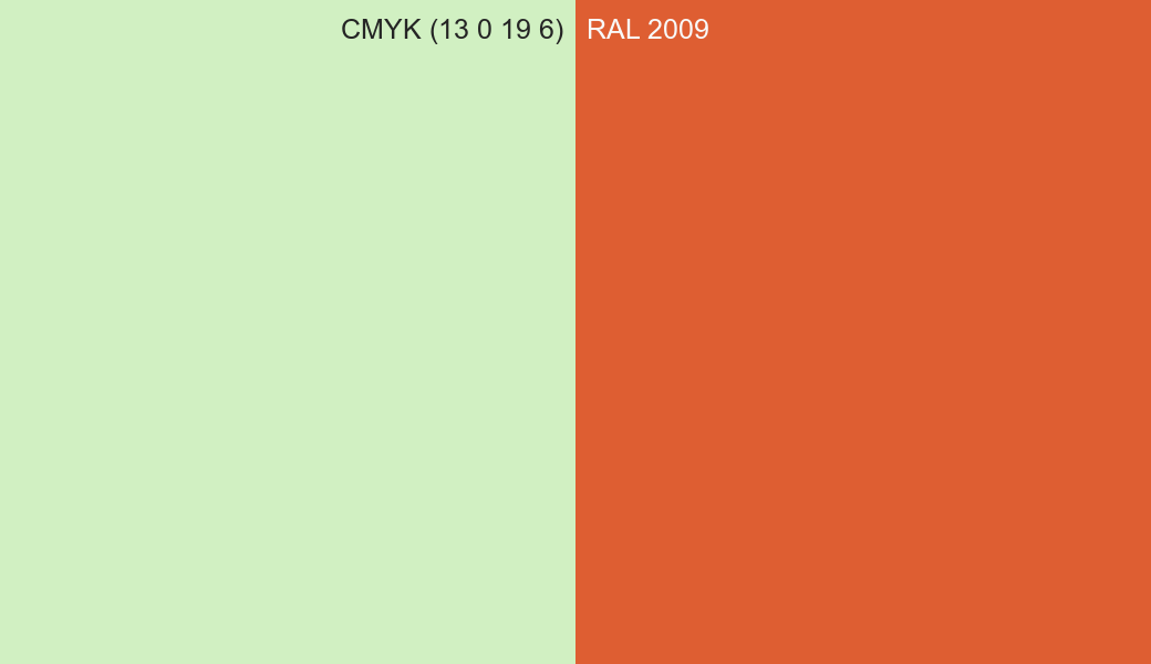 CMYK Color CMYK (13 0 19 6) vs RAL 2009 side by side comparison CMYK Color CMYK (13 0 19 6) vs RAL 2009 side by side comparison
