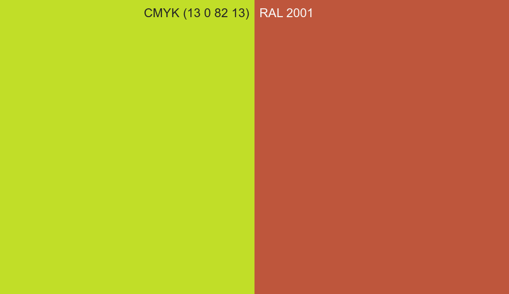 CMYK Color CMYK (13 0 82 13) vs RAL 2001 side by side comparison CMYK Color CMYK (13 0 82 13) vs RAL 2001 side by side comparison