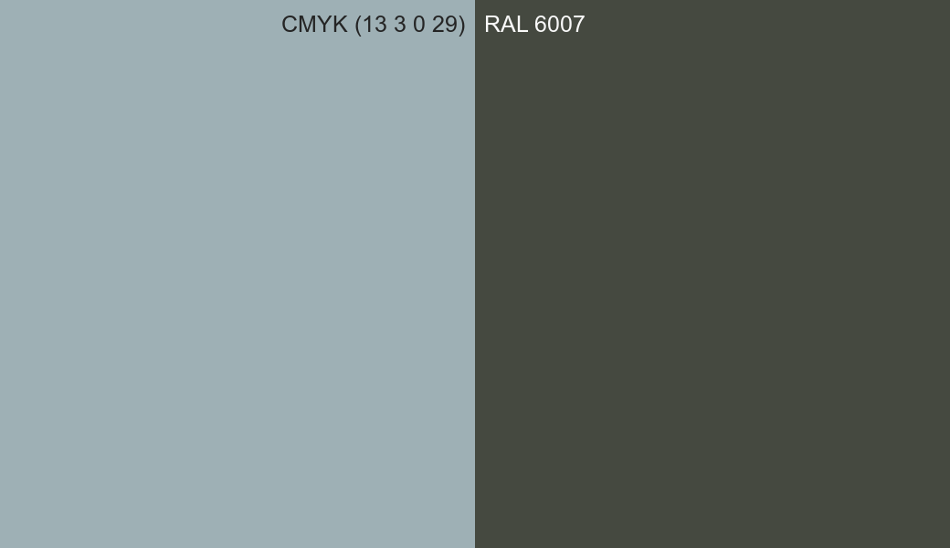 CMYK Color CMYK (13 3 0 29) vs RAL 6007 side by side comparison CMYK Color CMYK (13 3 0 29) vs RAL 6007 side by side comparison