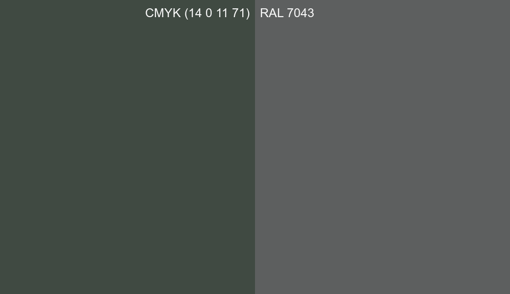 CMYK Color CMYK (14 0 11 71) vs RAL 7043 side by side comparison CMYK Color CMYK (14 0 11 71) vs RAL 7043 side by side comparison