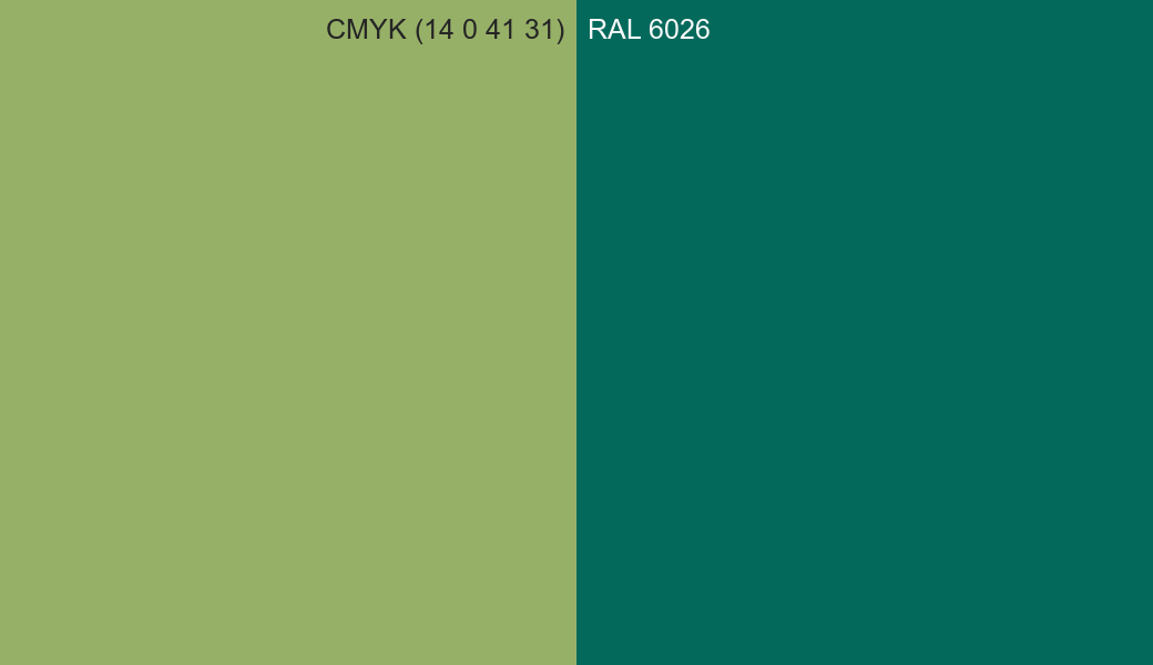 CMYK Color CMYK (14 0 41 31) vs RAL 6026 side by side comparison CMYK Color CMYK (14 0 41 31) vs RAL 6026 side by side comparison