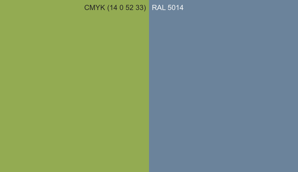 CMYK Color CMYK (14 0 52 33) vs RAL 5014 side by side comparison CMYK Color CMYK (14 0 52 33) vs RAL 5014 side by side comparison