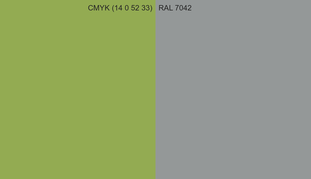 CMYK Color CMYK (14 0 52 33) vs RAL 7042 side by side comparison CMYK Color CMYK (14 0 52 33) vs RAL 7042 side by side comparison