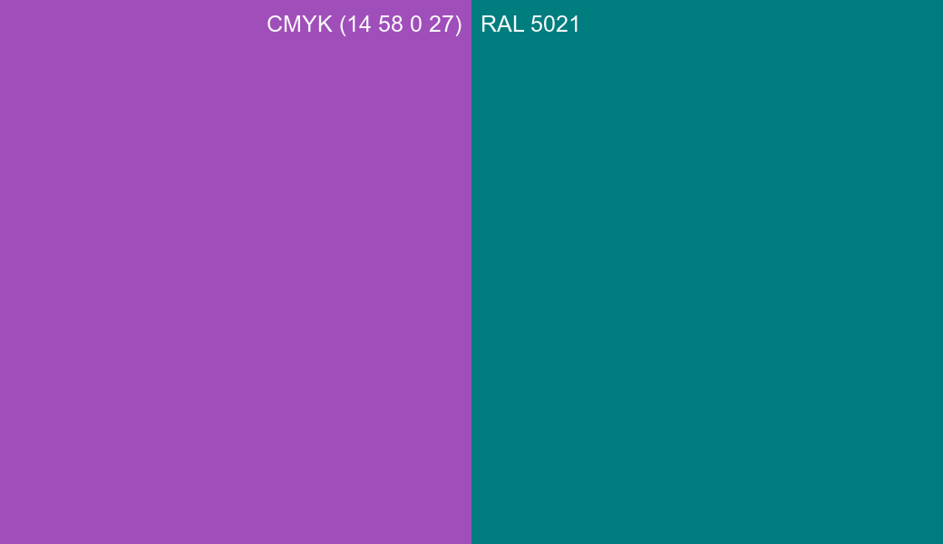 CMYK Color CMYK (14 58 0 27) vs RAL 5021 side by side comparison CMYK Color CMYK (14 58 0 27) vs RAL 5021 side by side comparison