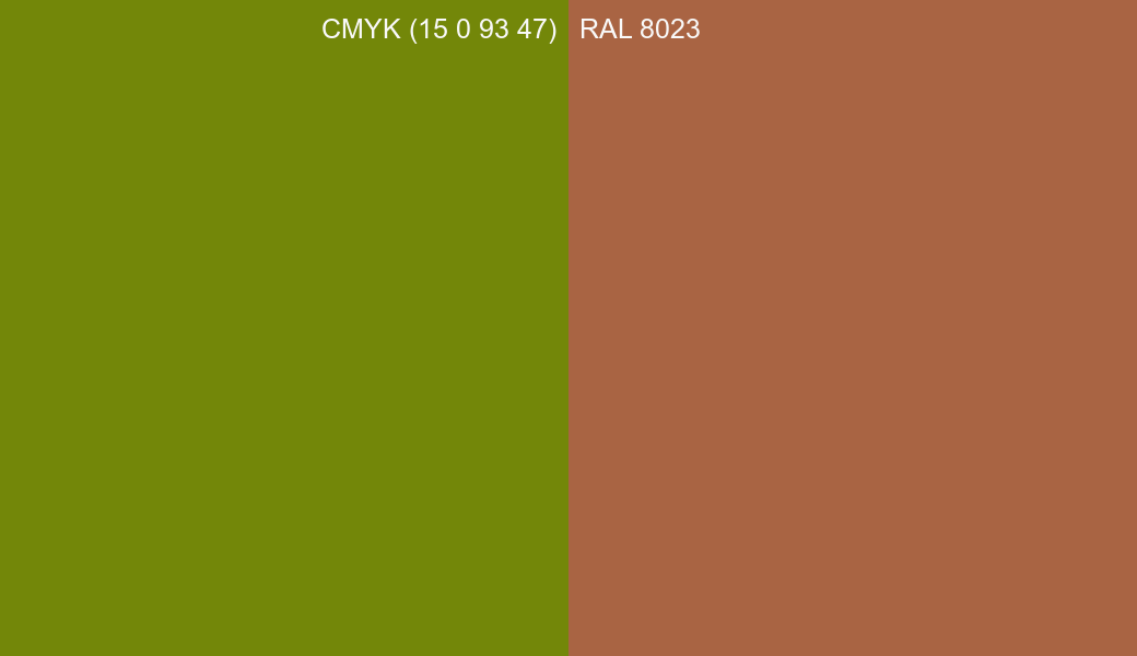 CMYK Color CMYK (15 0 93 47) vs RAL 8023 side by side comparison CMYK Color CMYK (15 0 93 47) vs RAL 8023 side by side comparison