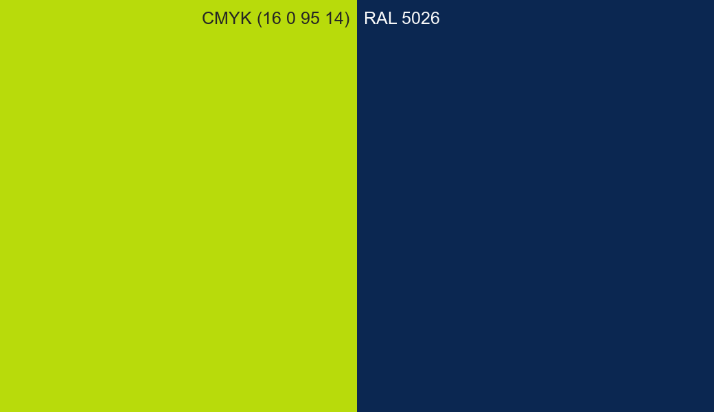 CMYK Color CMYK (16 0 95 14) vs RAL 5026 side by side comparison CMYK Color CMYK (16 0 95 14) vs RAL 5026 side by side comparison
