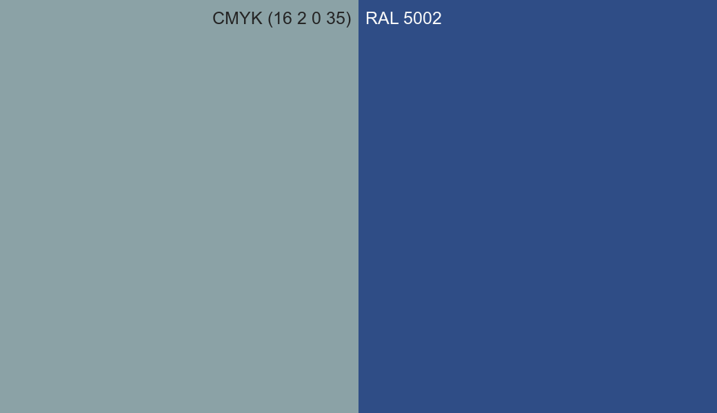 CMYK Color CMYK (16 2 0 35) vs RAL 5002 side by side comparison CMYK Color CMYK (16 2 0 35) vs RAL 5002 side by side comparison