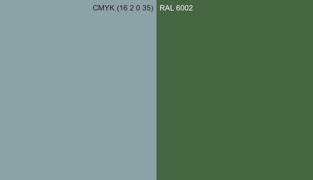 CMYK Color CMYK (16 2 0 35) vs RAL 6002 side by side comparison CMYK Color CMYK (16 2 0 35) vs RAL 6002 side by side comparison