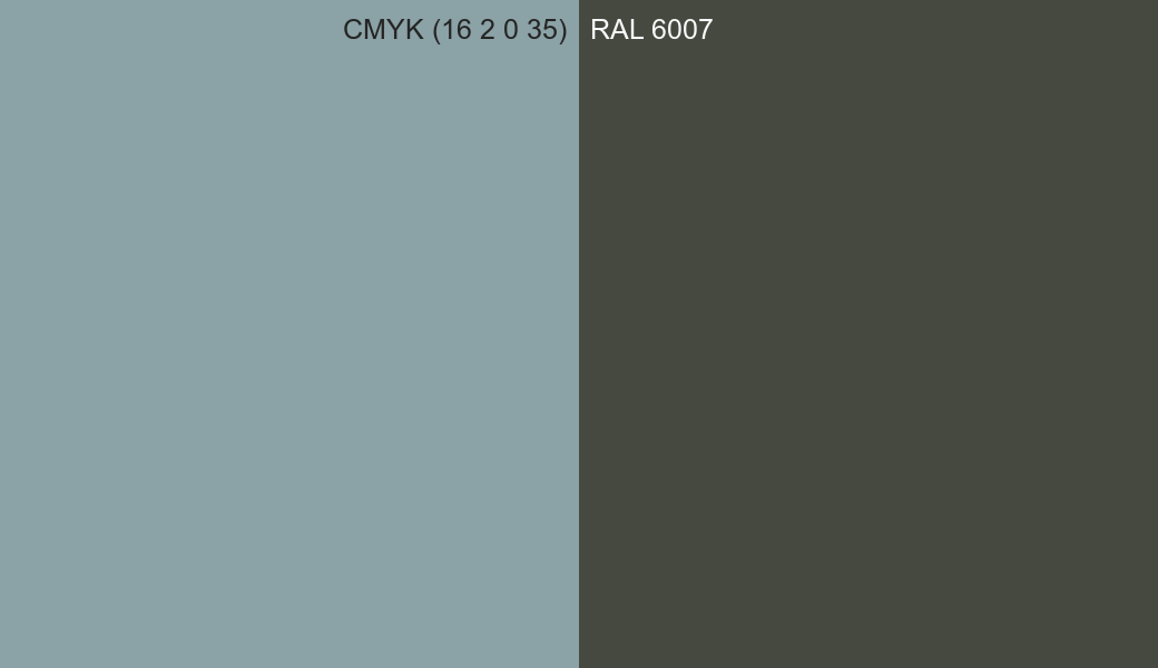 CMYK Color CMYK (16 2 0 35) vs RAL 6007 side by side comparison CMYK Color CMYK (16 2 0 35) vs RAL 6007 side by side comparison