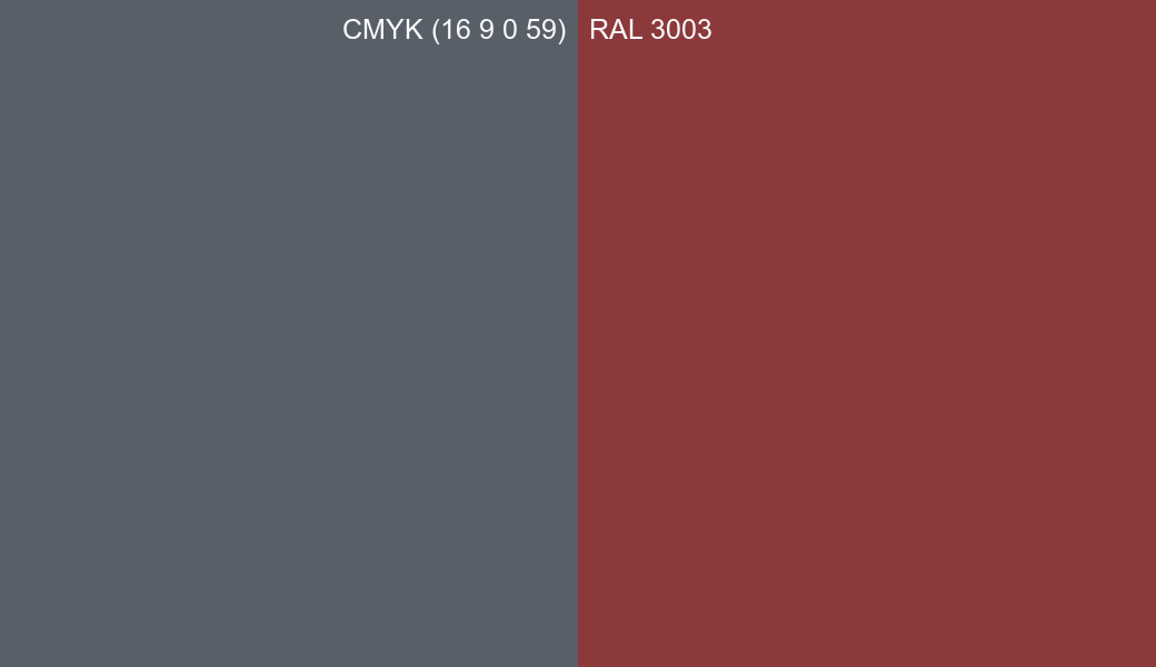 CMYK Color CMYK (16 9 0 59) vs RAL 3003 side by side comparison CMYK Color CMYK (16 9 0 59) vs RAL 3003 side by side comparison