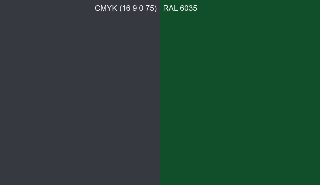 CMYK Color CMYK (16 9 0 75) vs RAL 6035 side by side comparison CMYK Color CMYK (16 9 0 75) vs RAL 6035 side by side comparison