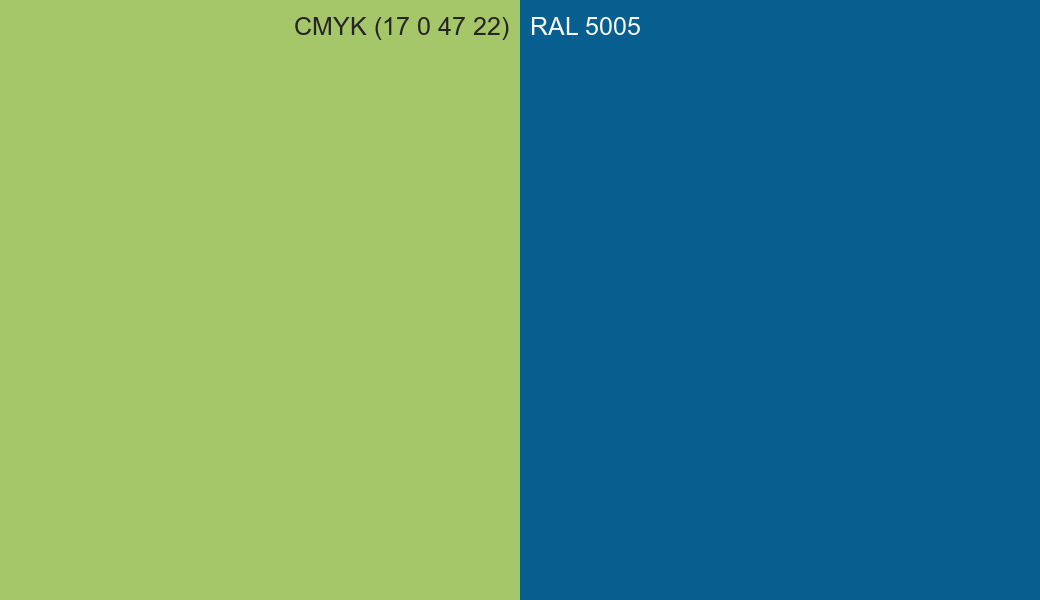 CMYK Color CMYK (17 0 47 22) vs RAL 5005 side by side comparison CMYK Color CMYK (17 0 47 22) vs RAL 5005 side by side comparison