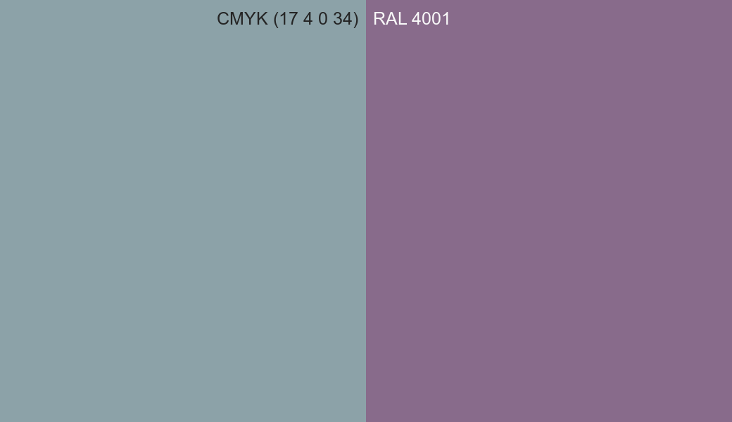 CMYK Color CMYK (17 4 0 34) vs RAL 4001 side by side comparison CMYK Color CMYK (17 4 0 34) vs RAL 4001 side by side comparison